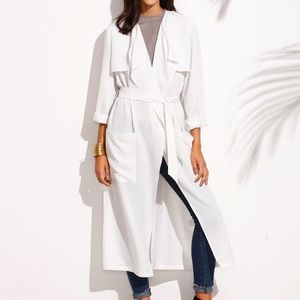 White Lapel Tie Waist Pocket Long Duster/Trench